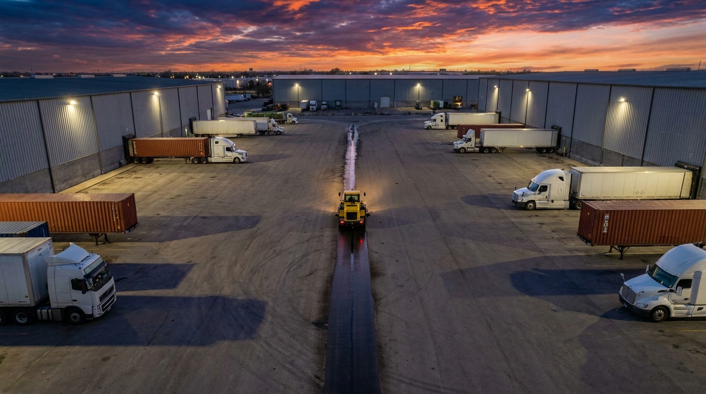 Aerial view of ride-on sweeper working across large industrial plaza at dusk